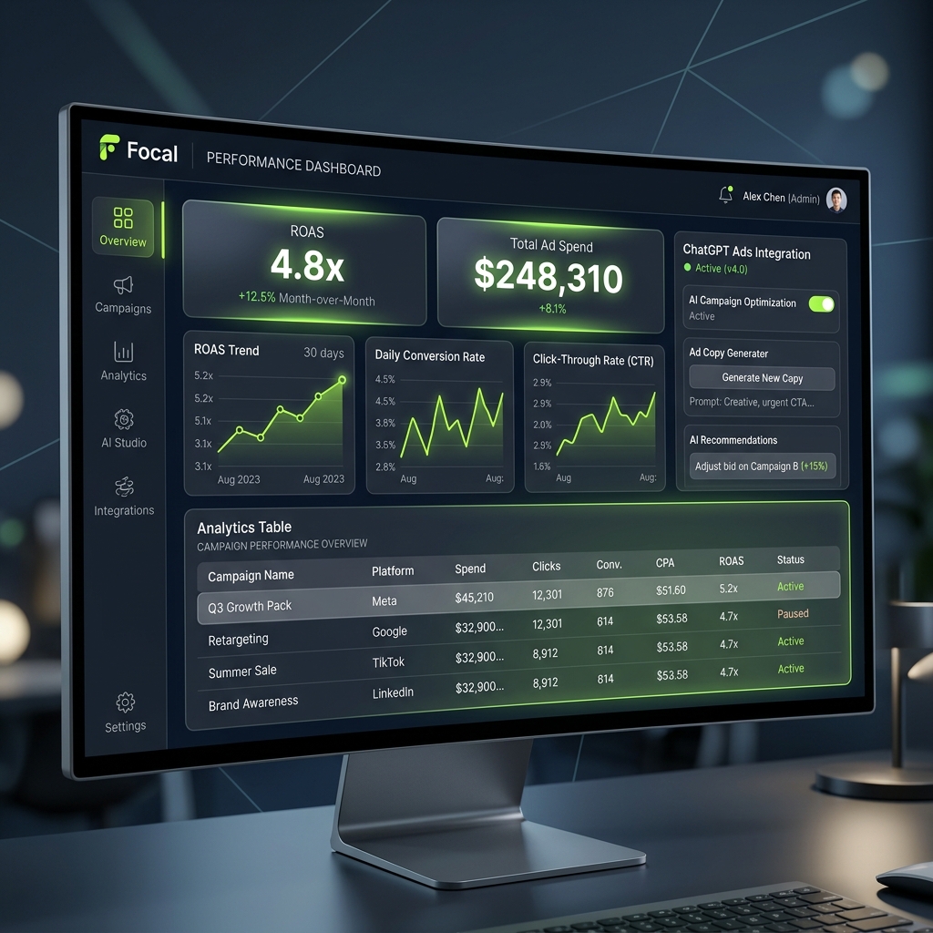 Resto AI proprietary dashboard showing metrics, graphs, and ads layout